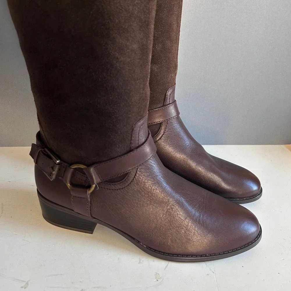Lauren Ralph Lauren Tall Boots Size 8 Brown Suede Leather Riding Harness